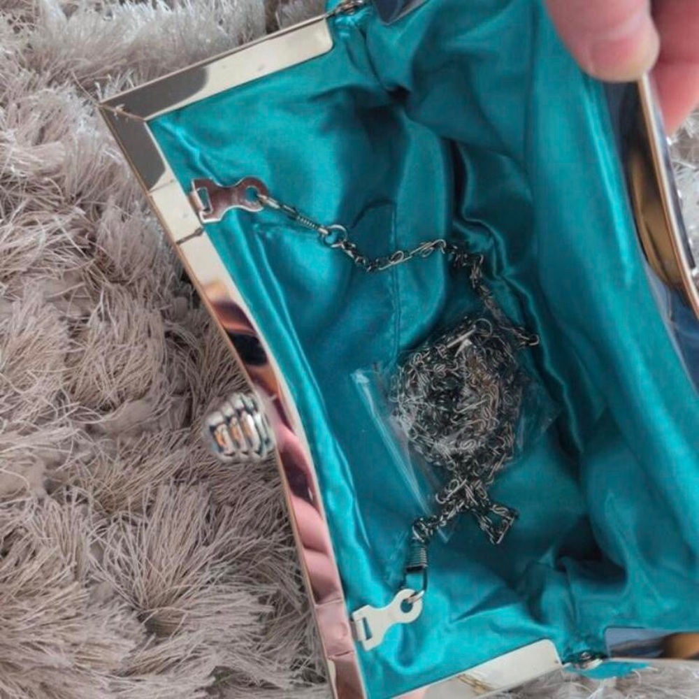 Turquoise & Silver Satin Clutch Crossbody Bag - Picture 5 of 10